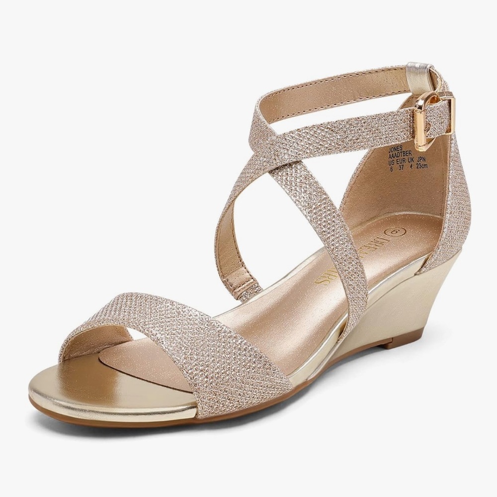 Dream Pairs Women's Glittering Gold Low Wedge Sandals Open Toe Wide Size